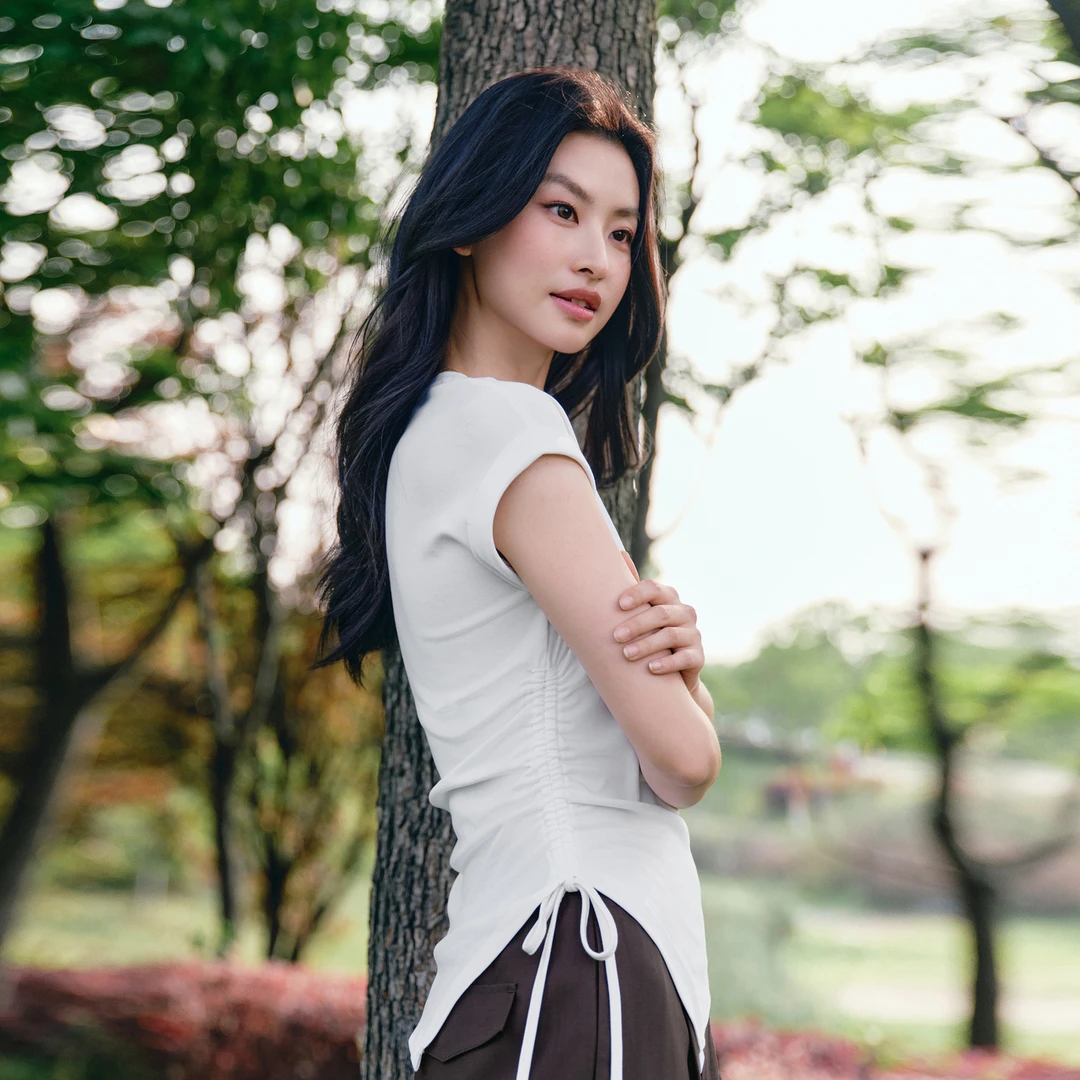 伊芙丽v领修身抽身不对称结构T恤女夏装时尚显瘦上衣女1G5901951