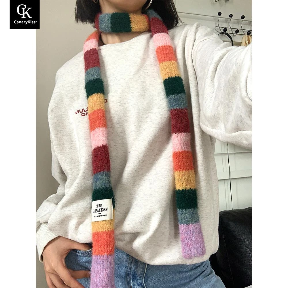 CanaryKiss多巴胺彩色针织毛线小围巾女小众腊肠细窄长条撞色围脖