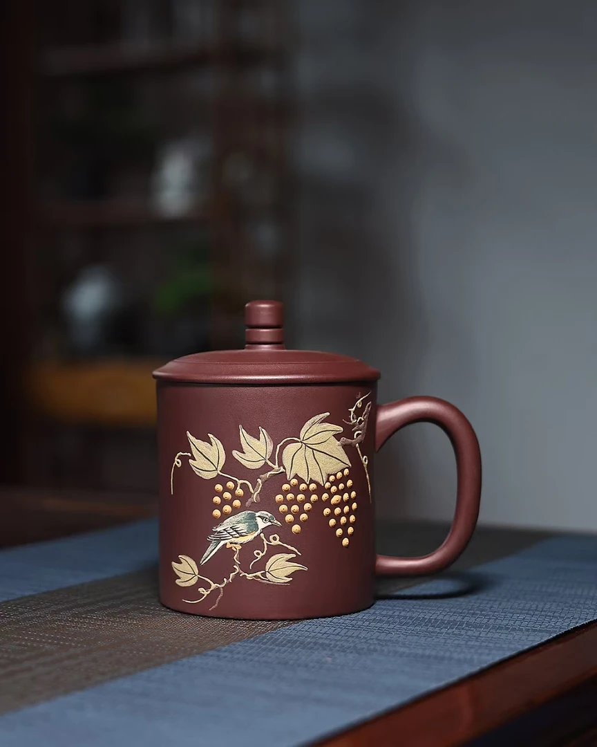 宜兴原矿紫砂手工泥绘葡萄家用办公泡茶杯紫砂杯纯手工360-400CC