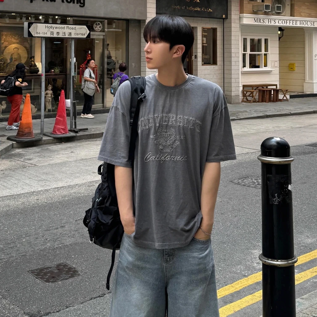 MRCYC设计感绣花短袖T恤男夏季宽松圆领半袖韩系通勤小众纯棉上衣