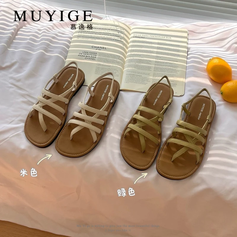 2025新款夏季外穿平底罗马凉鞋女百搭软底夹趾编织交叉带沙滩凉鞋