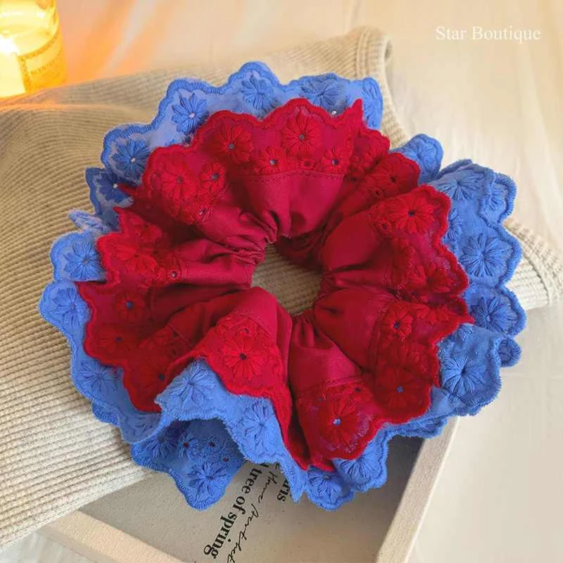 复古高级感红色双层蕾丝大肠发圈女韩系超大丸子头扎头发头绳头饰