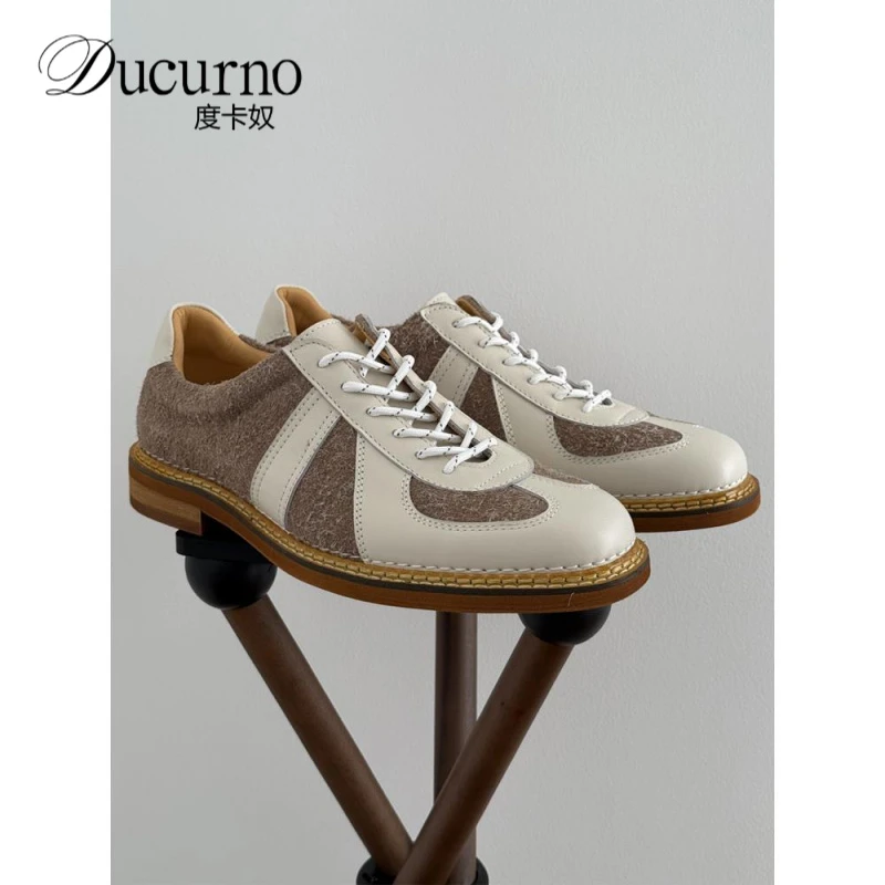 手工时尚头层牛皮复古拼接系带英伦英伦拼色男鞋男士德训鞋潮秋季