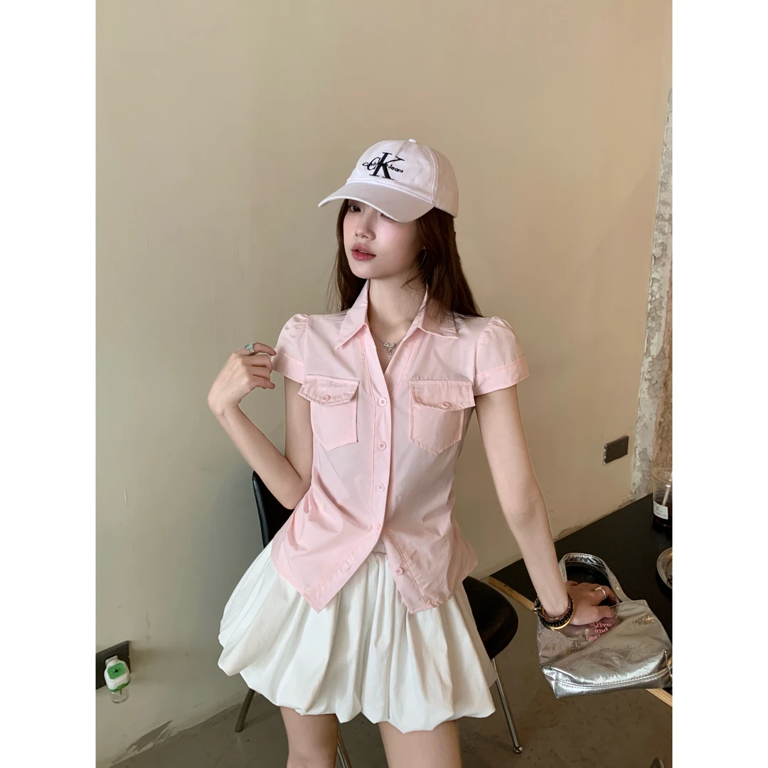 韩系掐腰修身显瘦短袖口袋收腰气质衬衫上衣女