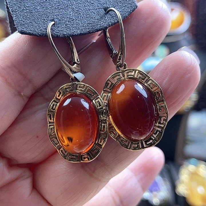 琥珀银S925镶嵌耳饰耳环