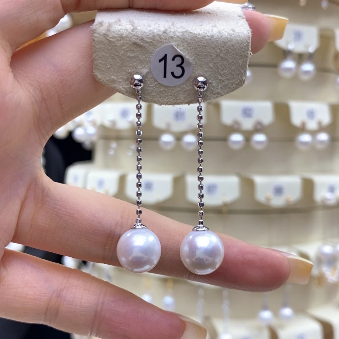 银S925镶嵌耳饰淡水珍珠11-12mm接近12mm粉光