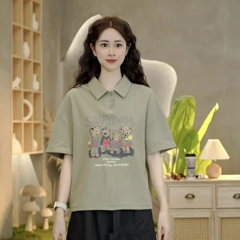 【小熊聚会】夏季新款印花T恤休闲百搭宽松开学季翻领短袖上衣