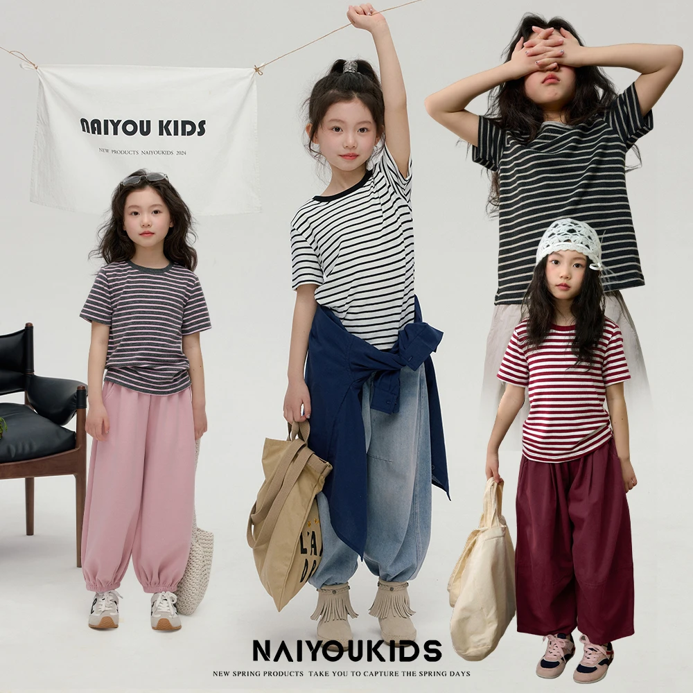 【本命条3】夏装2025新款韩版洋气条纹中大童休闲短袖t恤Y6334