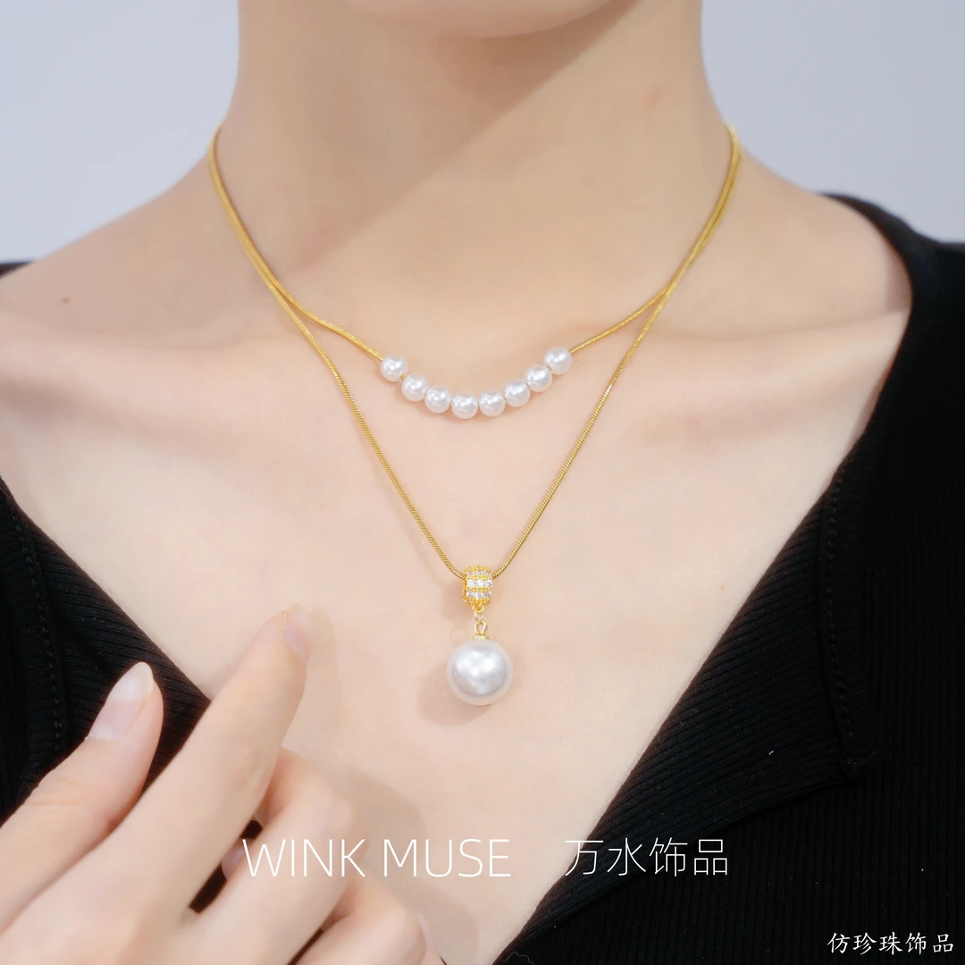 铜合金仿珍珠项链 两条双层叠戴项链女款2025年新款爆款毛衣链