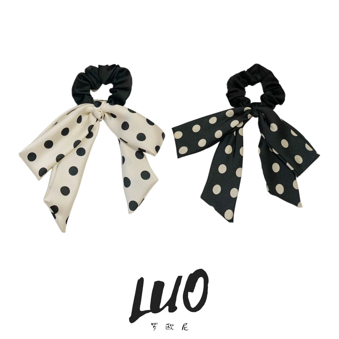 【罗欧尼】韩版波点蝴蝶结丝巾大肠发圈法式简约优雅气质头绳发饰