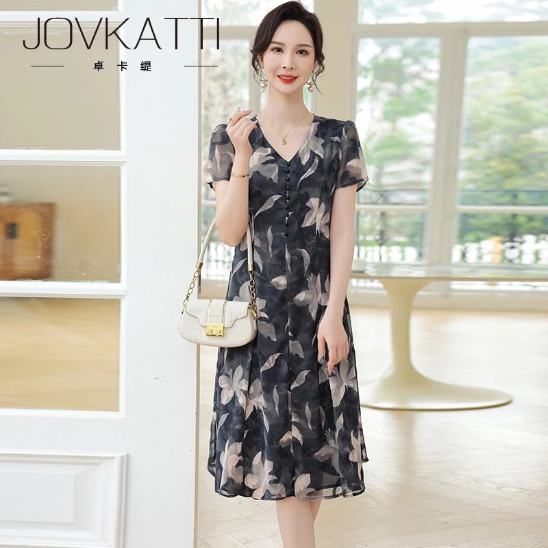 Jovkatti夏季2025年新款短袖连衣裙女高级感气质显瘦中长款碎花裙