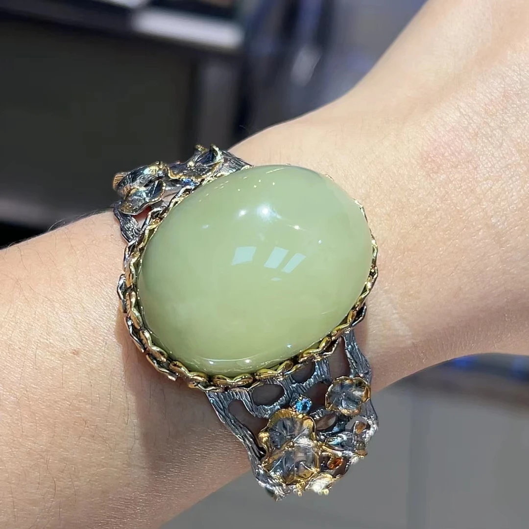 绿蜜手镯 银镶嵌天然琥珀蜜蜡时尚女款手镯