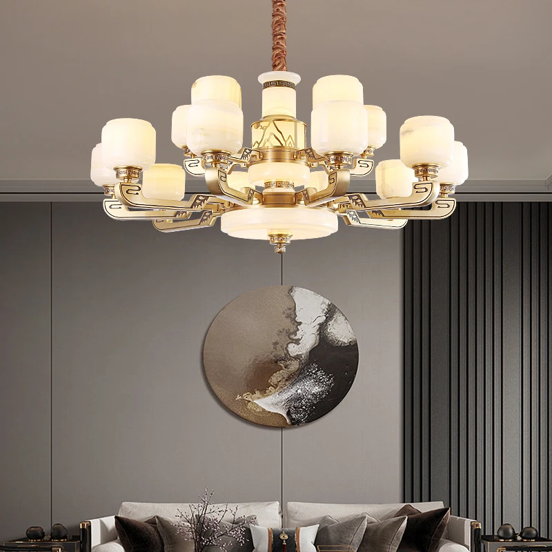 高端天然玉石客厅吊灯新中式全铜复式楼大吊灯大气餐厅中国风灯