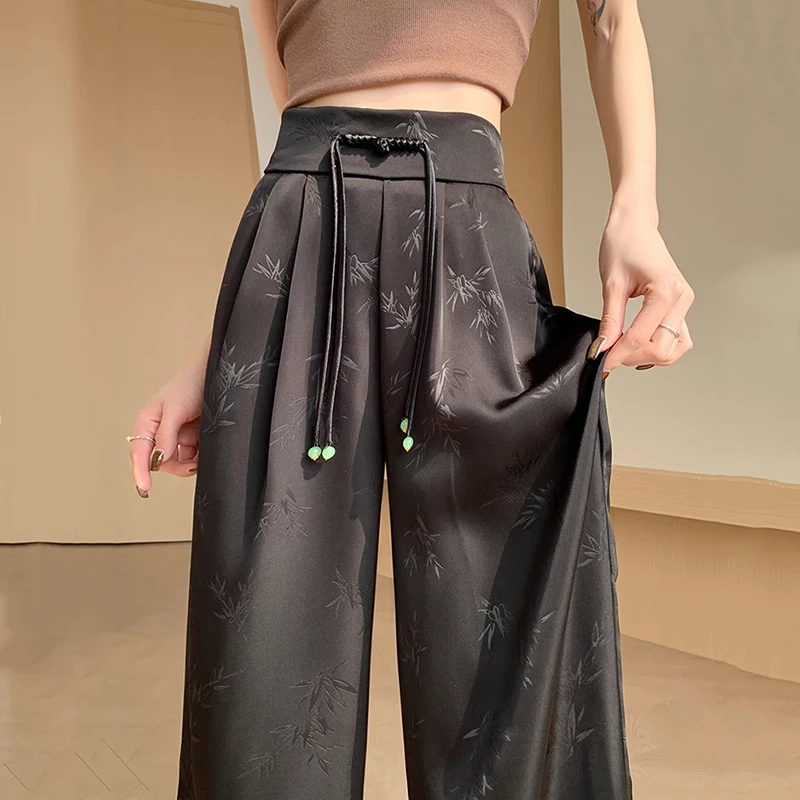 新中式国风提花缎面阔腿裤女春夏薄款2025新款高腰冰丝直筒休闲裤