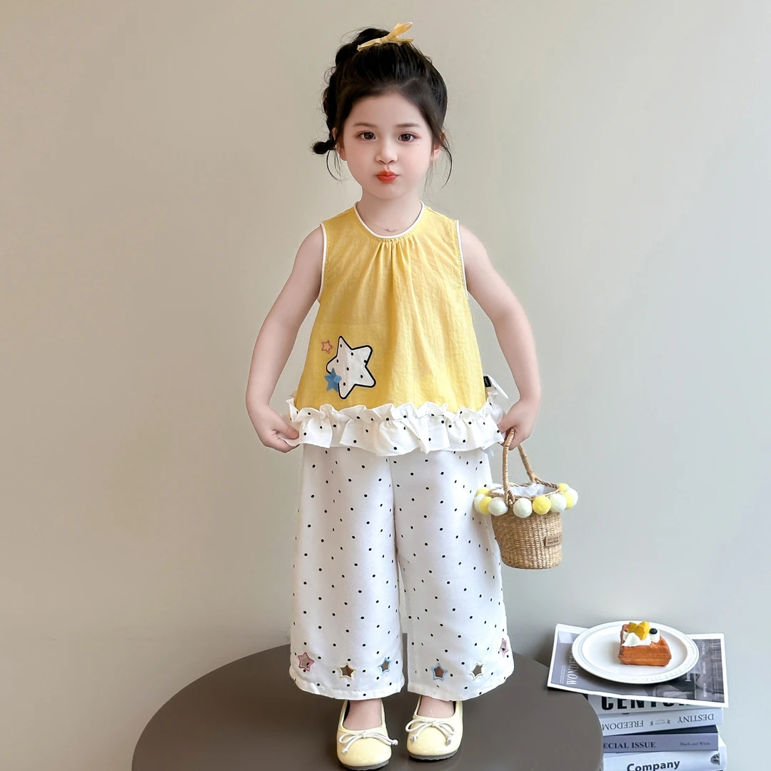 女童夏季套装2025新款小女孩甜美宝宝无袖上衣百搭阔腿裤两件套潮