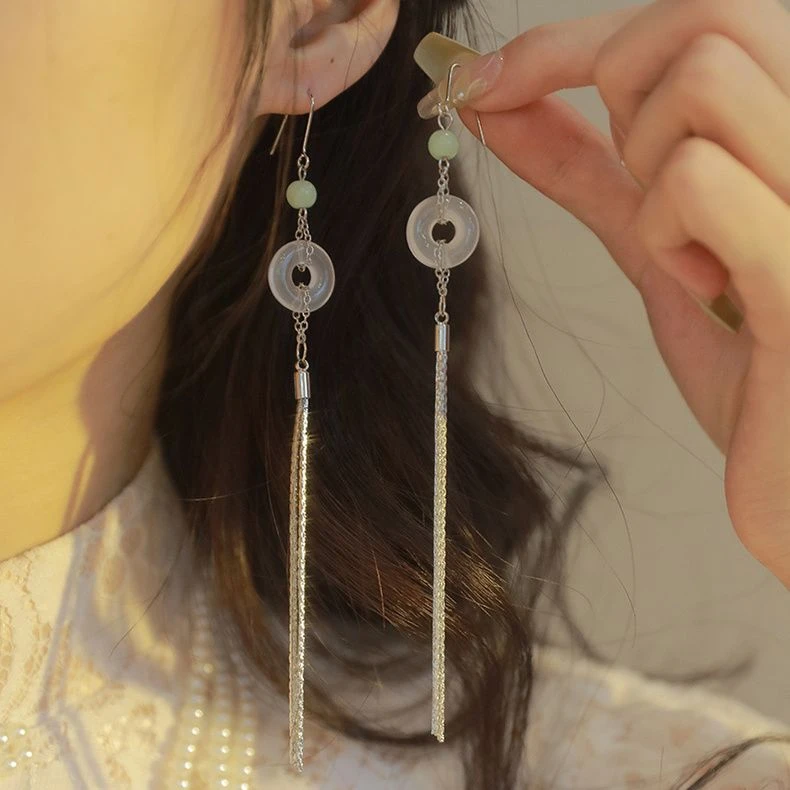 铜合金耳饰 新中式平安扣流苏耳环女2025新款耳钉小众高级感耳饰