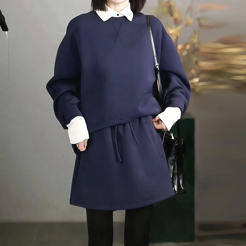 2025秋装新款时尚套装女设计感韩版宽松格子拼接卫衣半身裙两件套