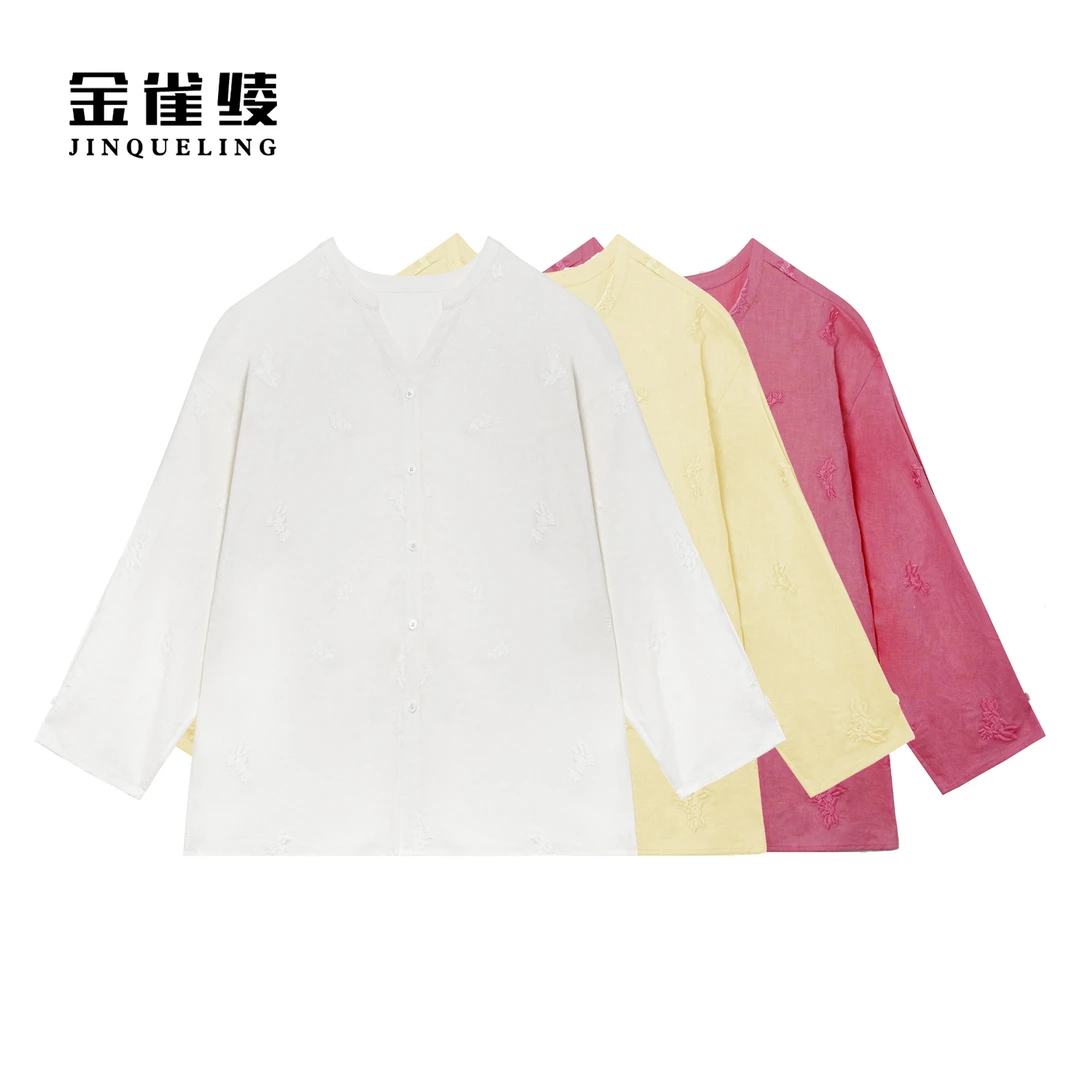 金雀绫【夏日么么茶】亚麻纯色刺绣工艺V领加宽加大衬衫SZA1S184