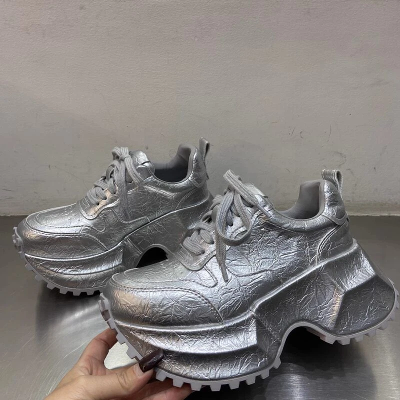 【增高8cm】黑色银色老爹鞋2025春季新款厚底运动鞋小个子时尚百搭