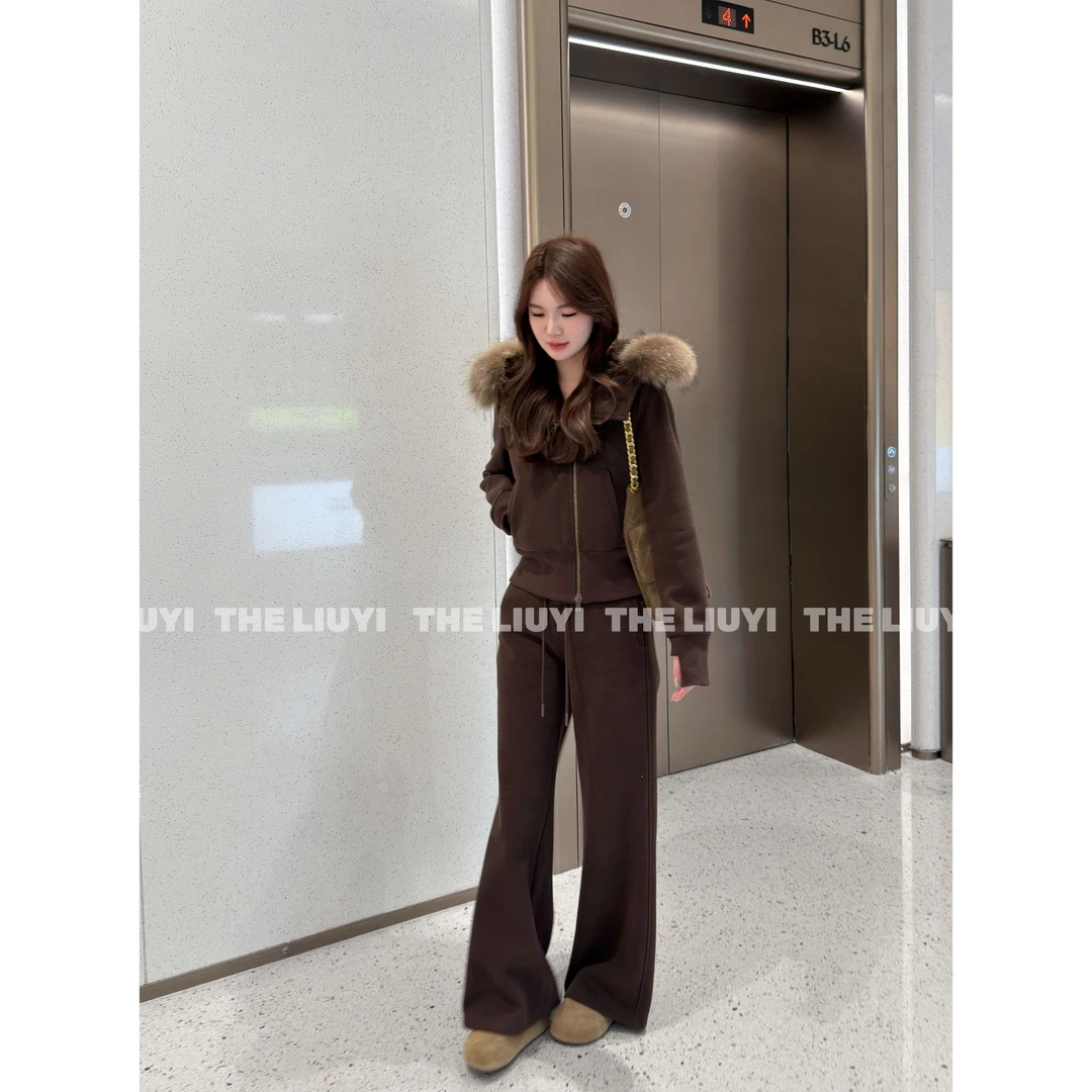 【LIUYI】卷王套装~真毛领长毛厚绒连帽外套窄版休闲裤511301