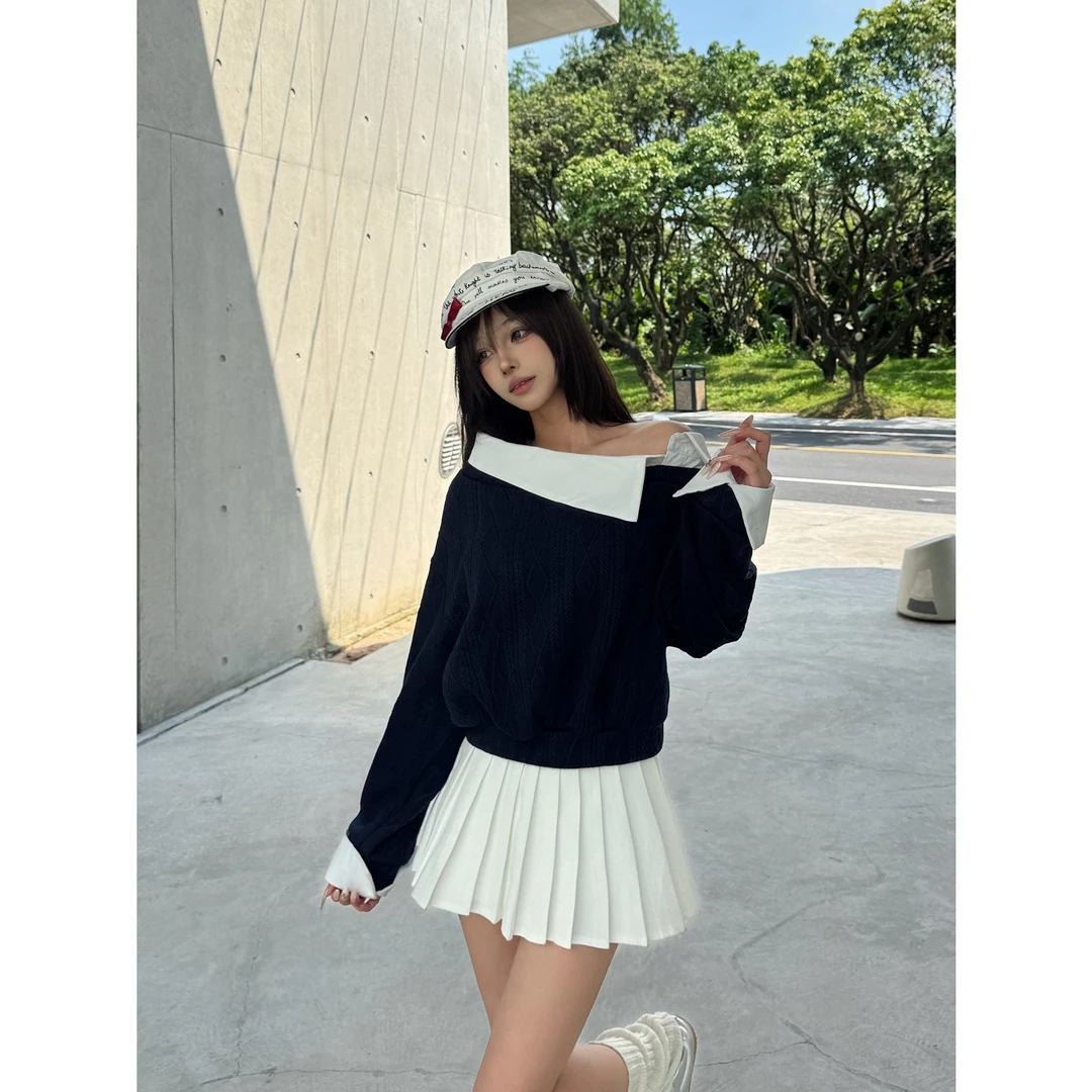 x不是好人 美式学院风假两件针织衫女秋季设计感撞色斜肩短款上衣