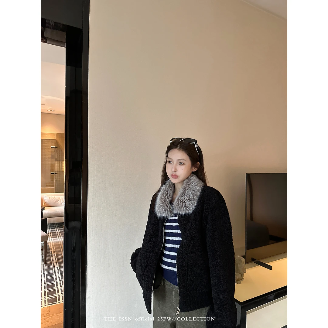 THEISSN宁司 毛领黑色宽松拉链外套女秋冬休闲百搭上衣 01749