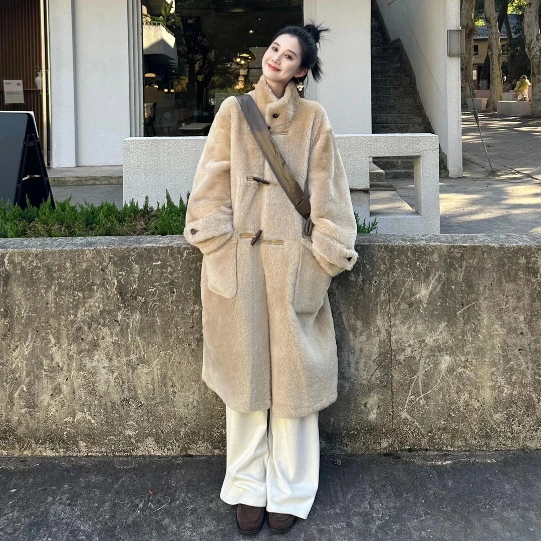 韩系复古牛角扣毛呢外套女秋冬高级时髦慵懒风御姐气质中长款大衣