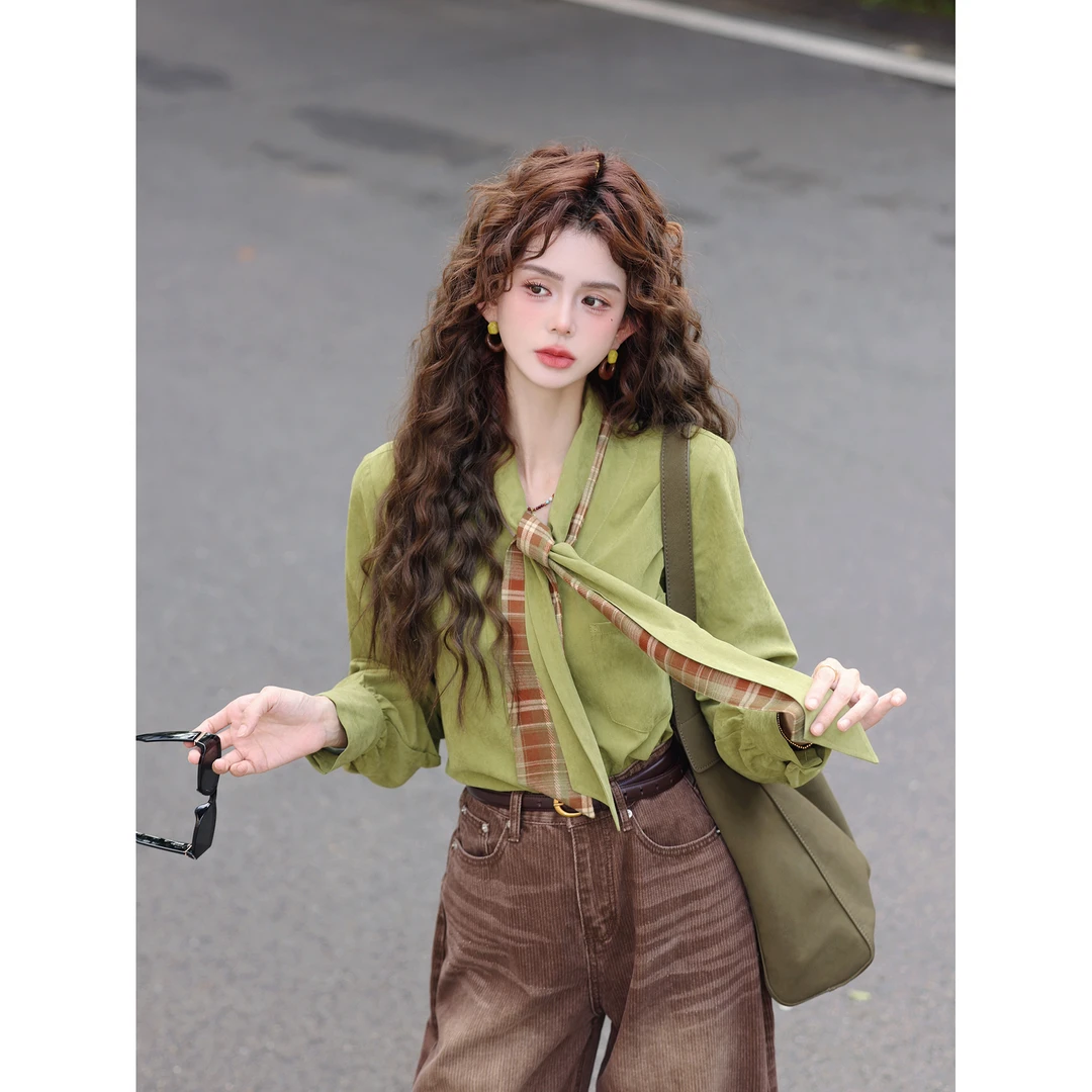 陈大器【​​露凝草尖】港风复古飘带百搭休闲宽松衬衫上衣JS1116402