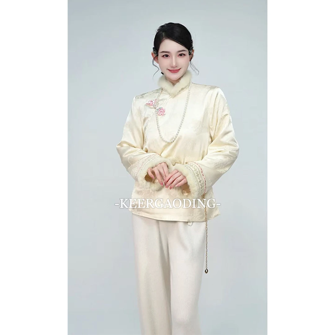 【可儿•高定】高端新中式国风拼水貂毛提花夹棉上衣WQ-90642