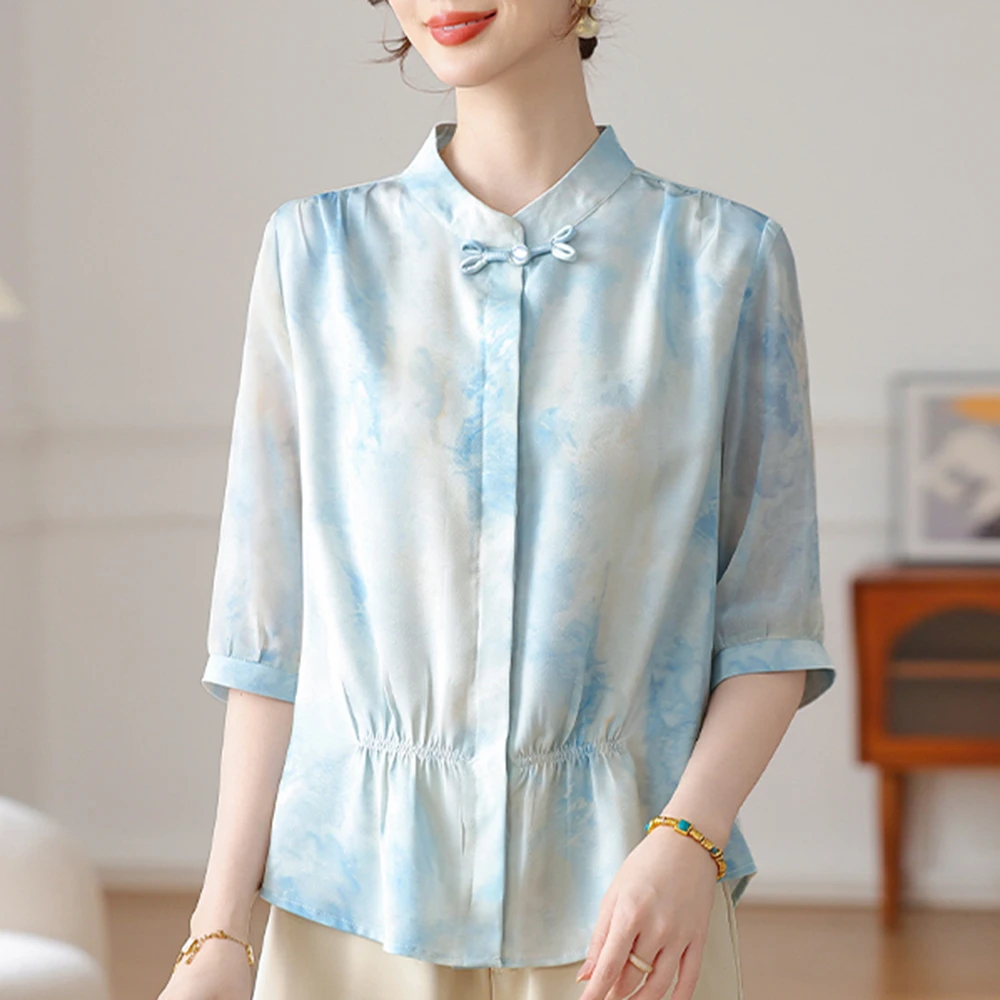 春夏中式衬衫妈妈七分袖小衫民族风气质女士夏装中老年女装宽松夏