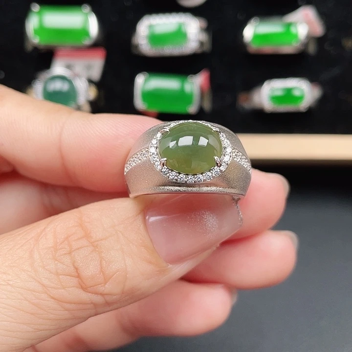 翡翠银S925镶嵌戒指男款没运费险天然A货翡翠