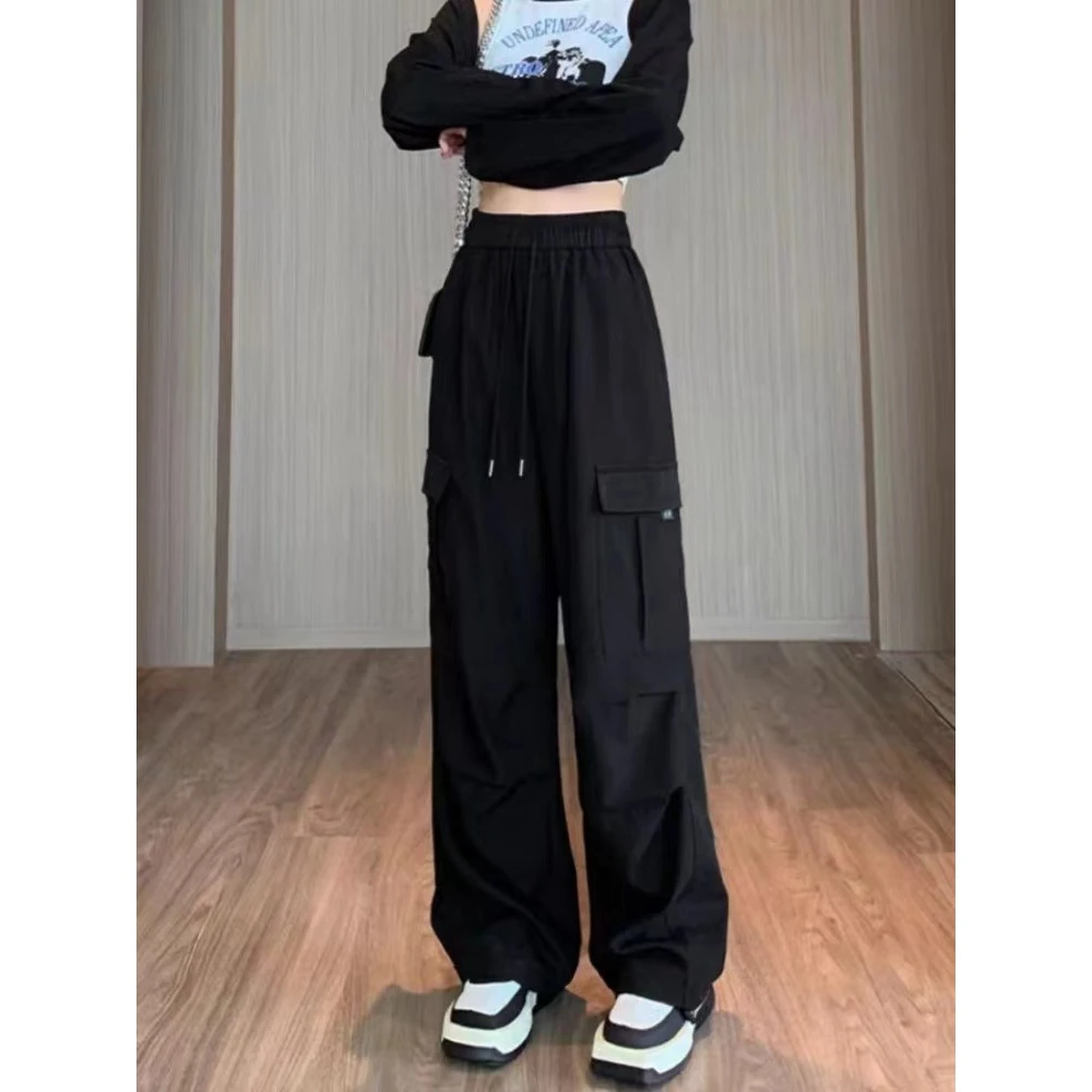 夏季新款直筒裤美式工装裤女休闲束脚松紧腰高腰薄款长裤女款运动