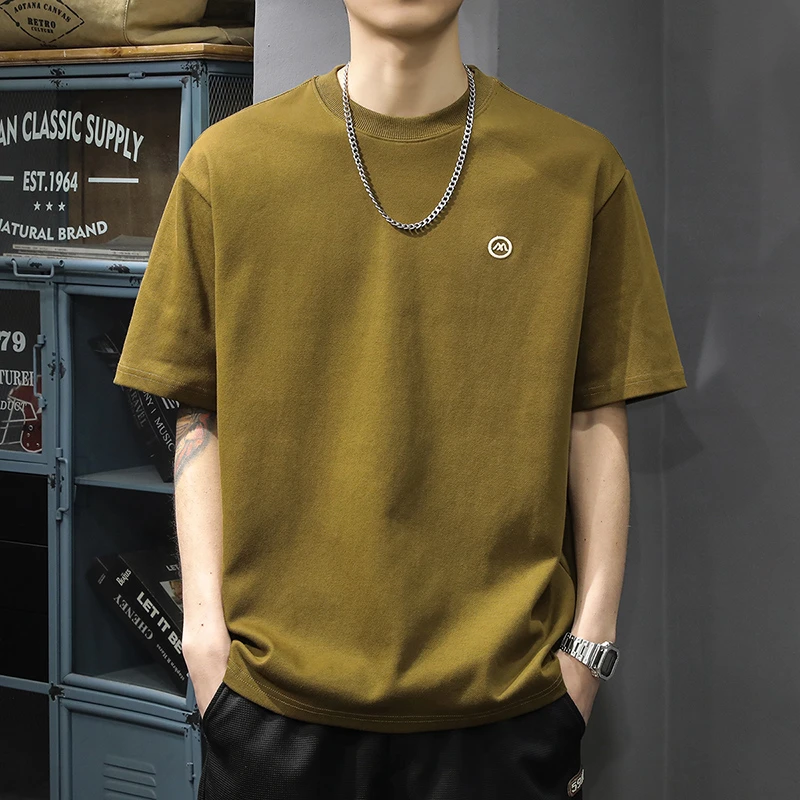 aoyu/遨宇夏季新款男士短袖t恤美式重磅肌理感刺绣体恤潮牌圆领T