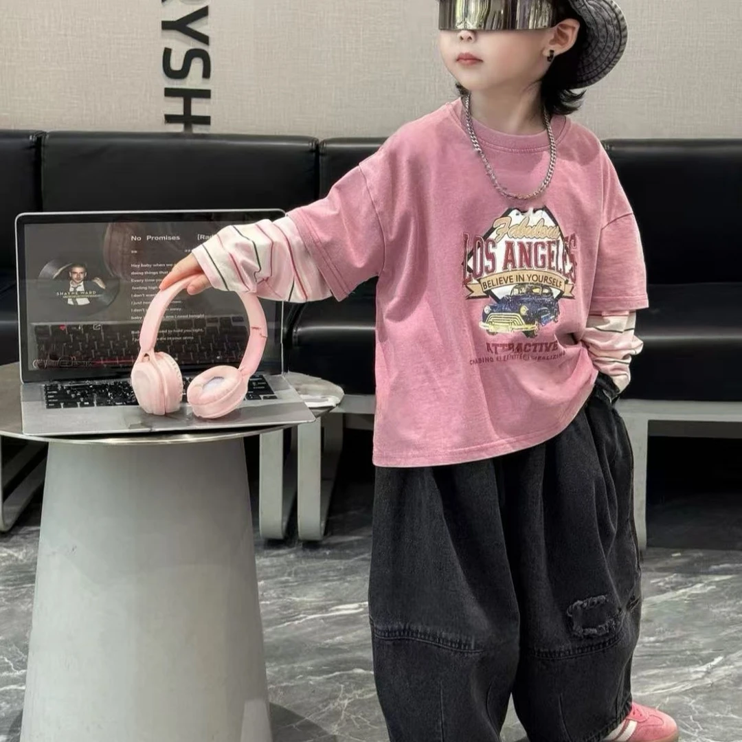 潮品男童拼接粉色卫衣打底衫2025秋款新男童韩版裤子洋气【CL002】