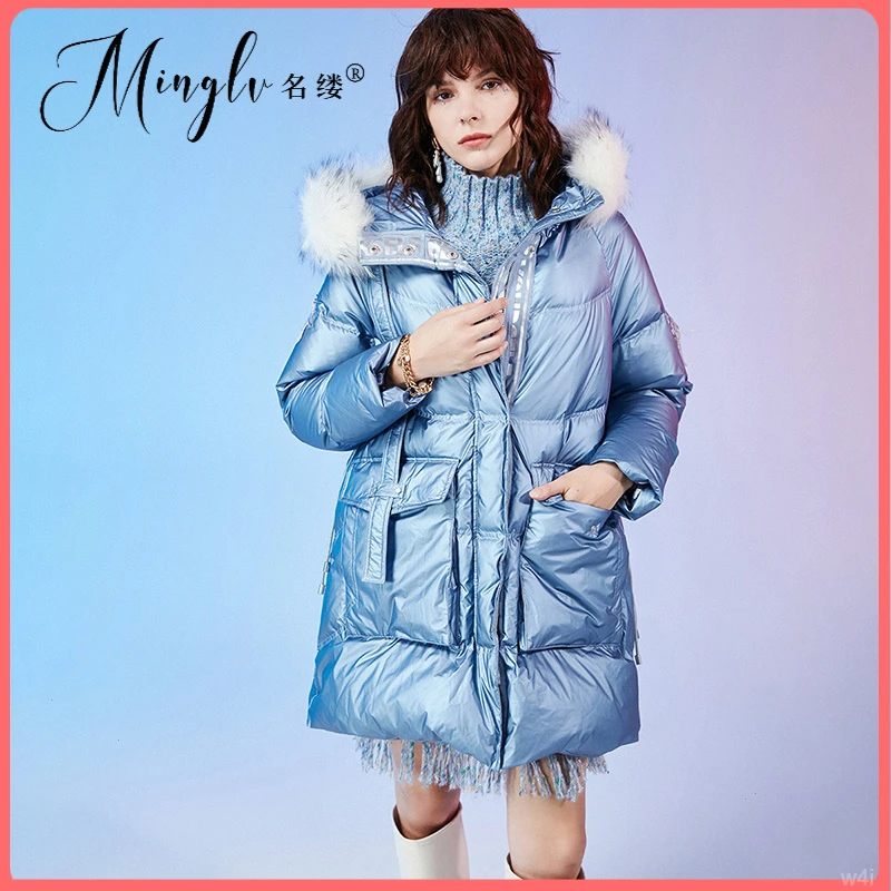 名缕女装2025冬高级感气质优雅减龄百搭印花连帽宽松中长款羽绒服