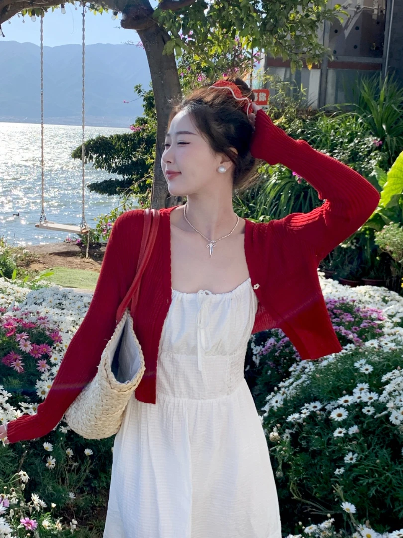 红色针织开衫外套女夏季薄款冰丝防晒衣外搭配吊带裙子披肩空调衫