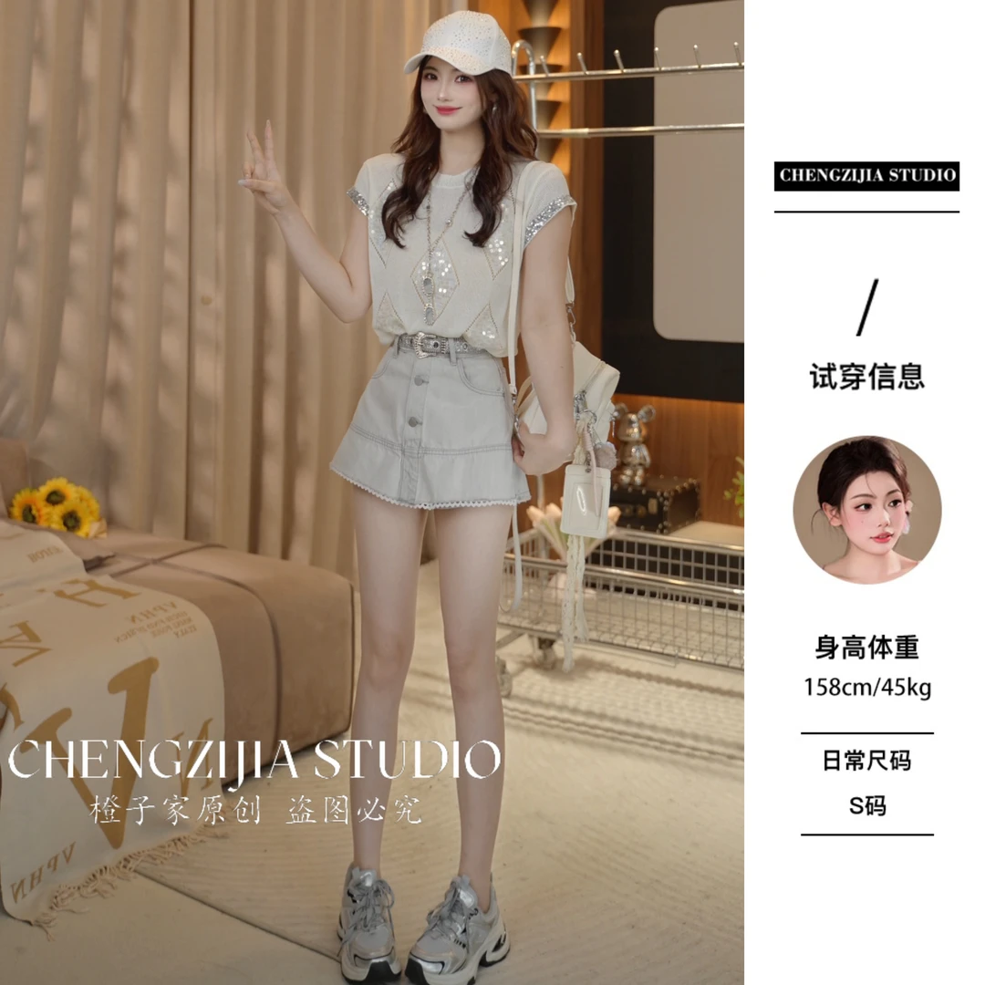 【裴诗婷】橙子·studio【】TX00196 菱形亮片拼接短袖圆领抽绳T恤05