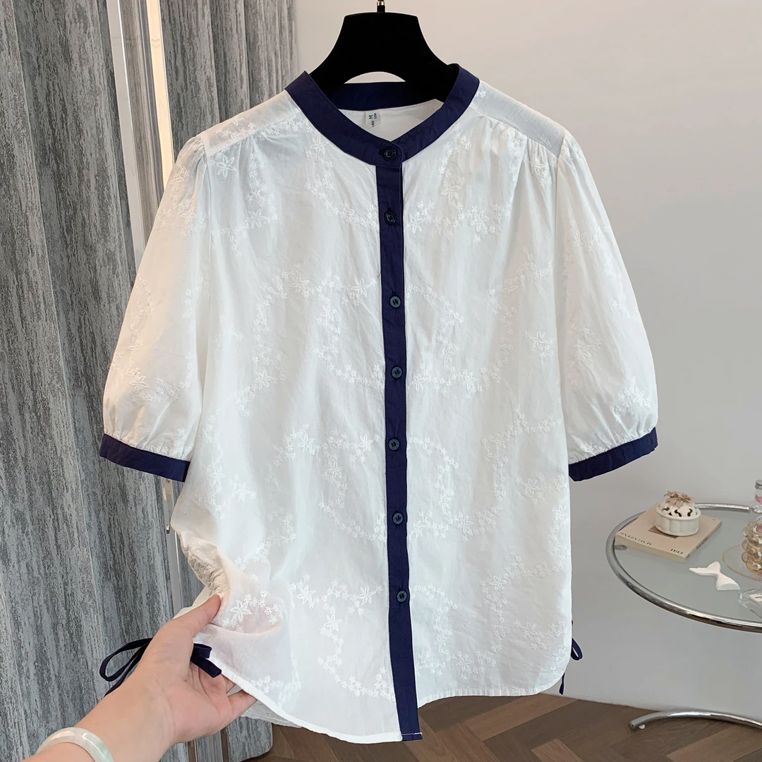 法式重工满天星刺绣衬衫女2025夏季新款圆领衬衣独特别致气质上衣
