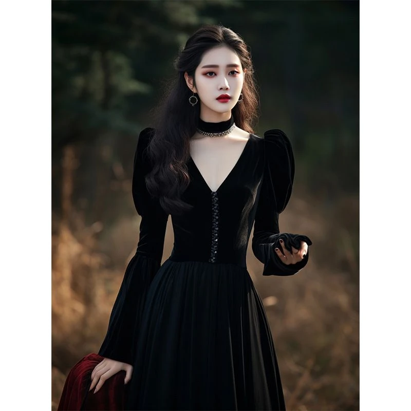 哥弟阿玛施正品法式气质晚礼服长裙新款秋冬长袖轻奢黑色丝绒内搭