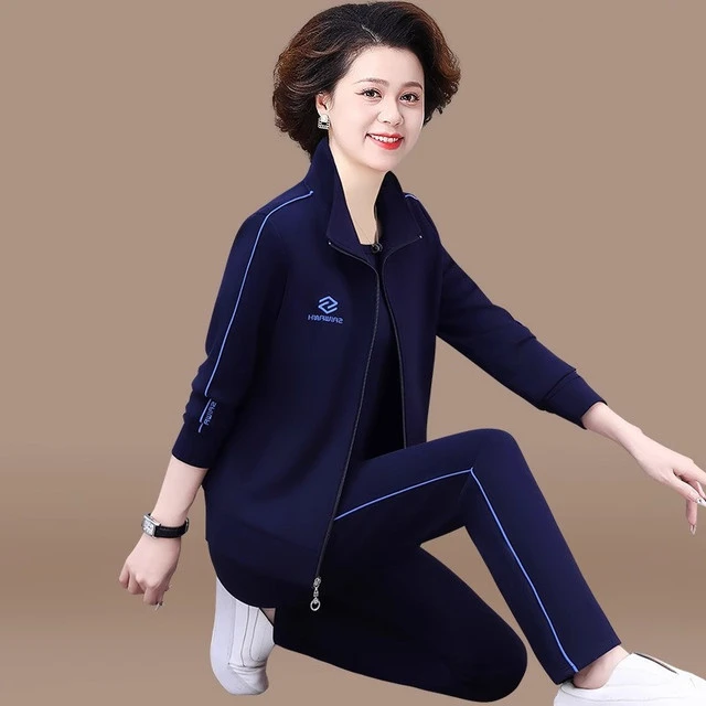 2025春秋运动服套装女时尚立领长袖外套休闲跑步中年妈妈装三件套