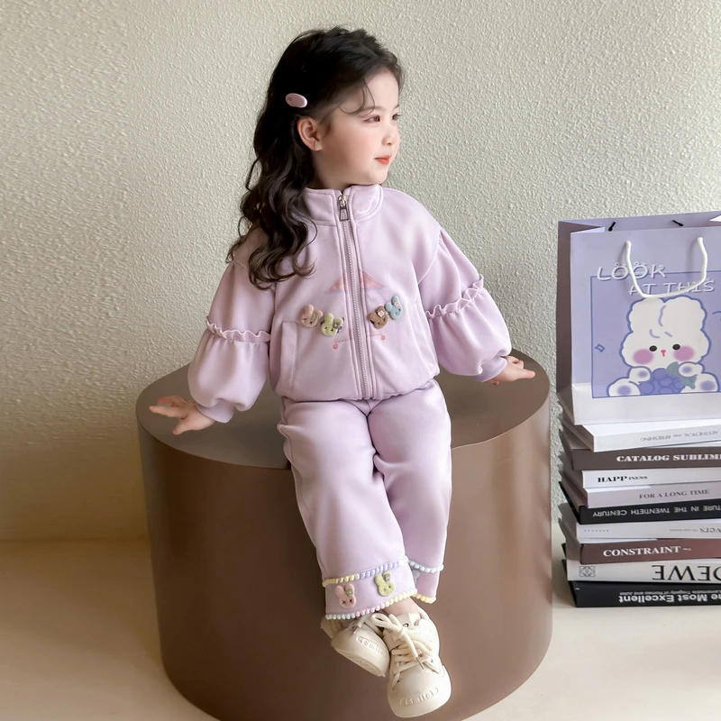 女童春装套装2025新款儿童洋气兔子连帽花边宝宝春秋款韩版两件套