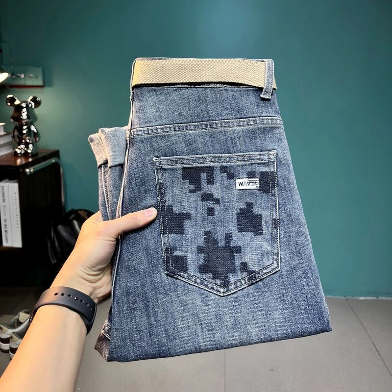 高档薄款夏季九分牛仔裤男款刺绣哈伦裤潮流男装蓝色小脚休闲长裤