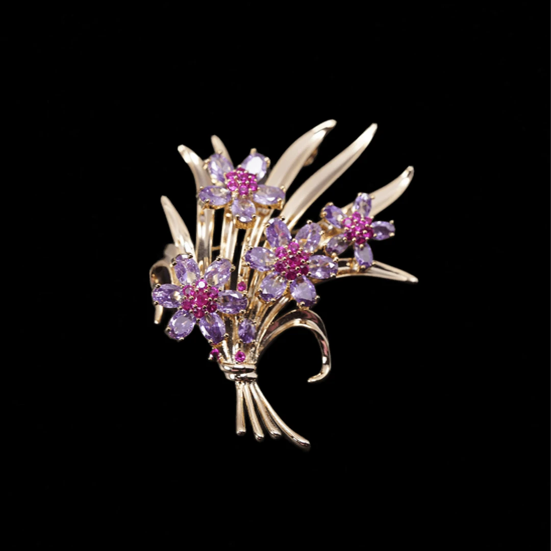 铜合金合成锆石胸针 时尚气质百搭宝家紫色花束胸针5470