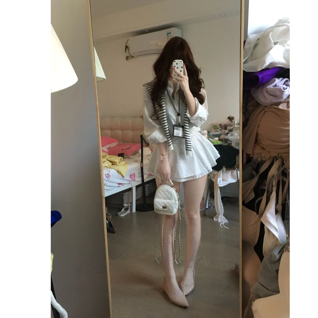 【慵懒韩系】送披肩!早秋白色衬衫收腰连衣裙气质显瘦长袖必入短裙