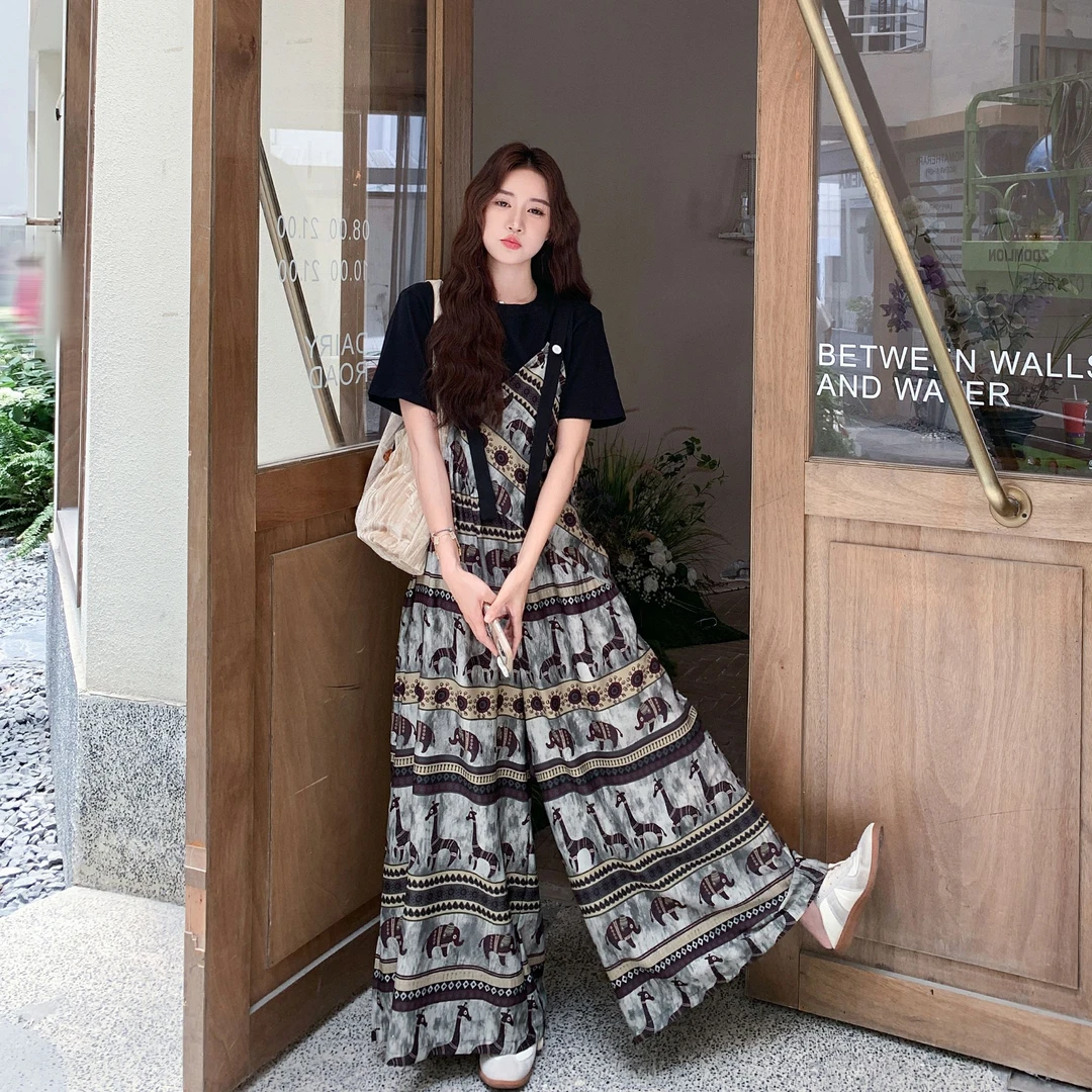 印花民族风工装背带裤套装女夏2025新款松弛感上衣连体裤两件套