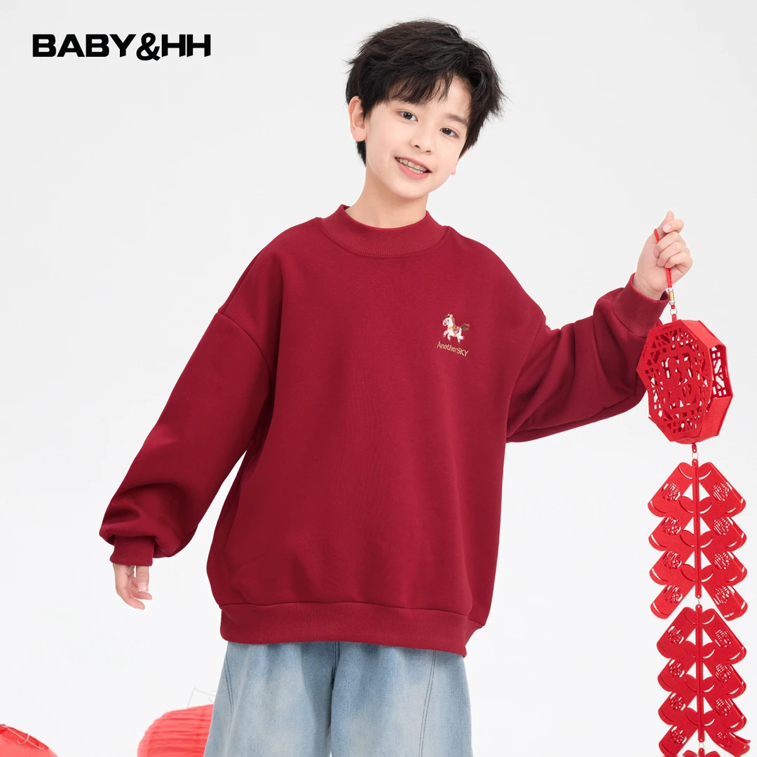 男童冬季新年红色马年加绒卫衣2025新款儿童拜年服加厚本命年上衣