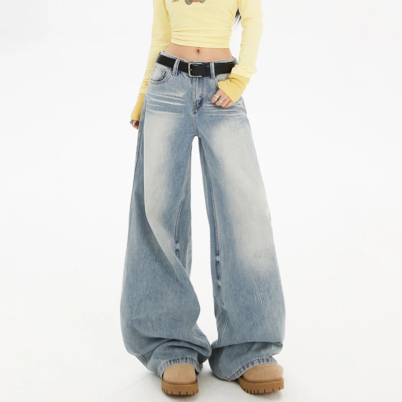 美式浅色磨白阔腿牛仔裤女冬季新款复古高腰宽松显瘦直筒拖地裤子