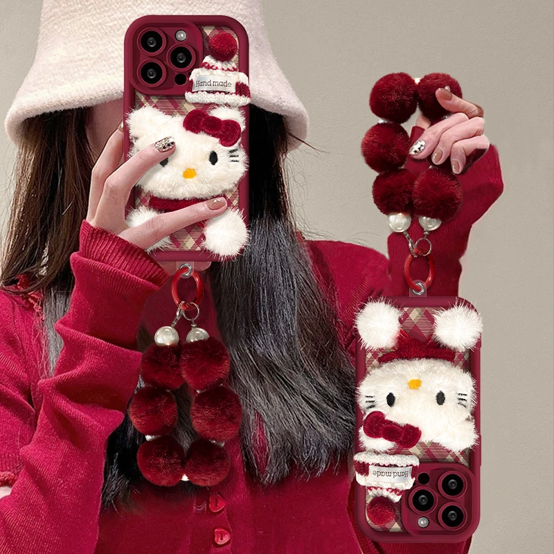 酒红色毛绒KT适用苹果17Pro华为OPPO/VIVO小米iPhone16天眼手机壳