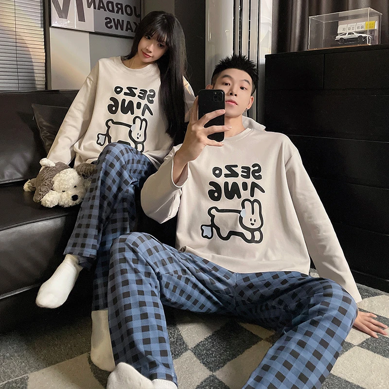 线头小狗情侣纯棉睡衣女春秋季长袖格子长裤男女士休闲薄款家居服