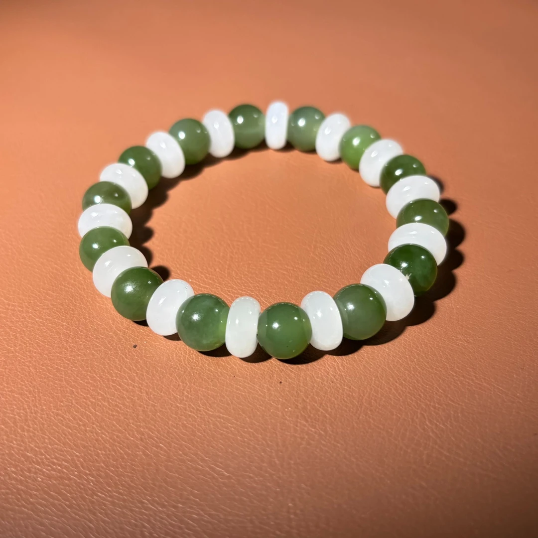 和田玉白玉碧玉双色手链和田玉手链女款